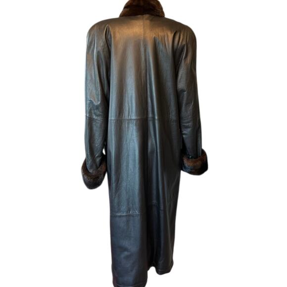 EUC Deep Brown Leather Maxi Coat With Mink Trim Whipstitch Detail Fits Wmns M/L - Picture 4 of 12